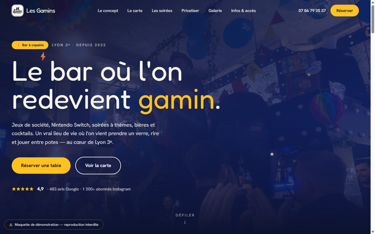 Nouveau site de Bar Les Gamins par Vitrine : univers festif sur-mesure, carte, soirées, privatisation.